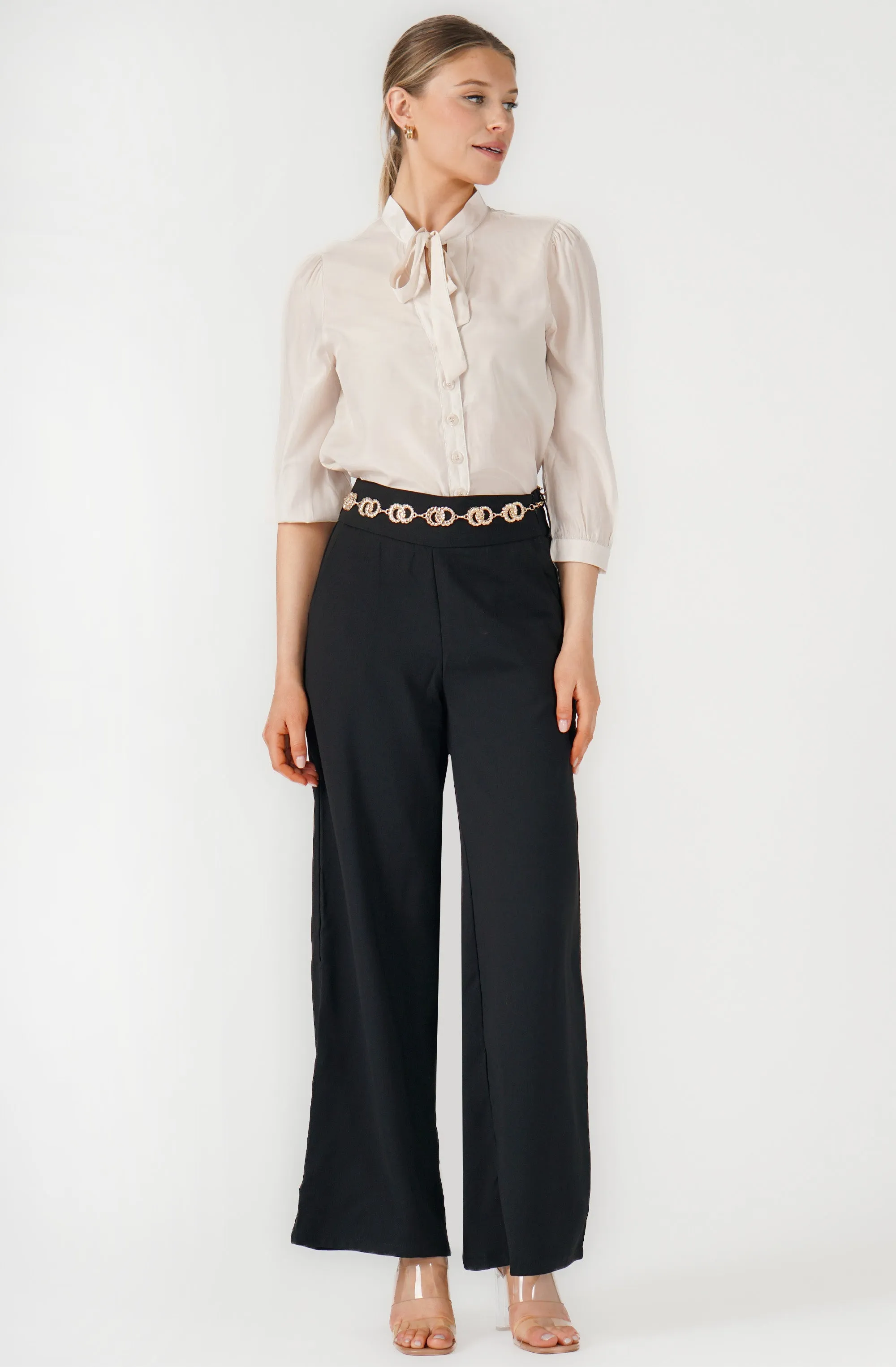 Wide Leg Pant with Gold Chain Belt