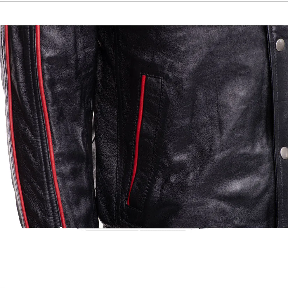 William black bomber leather jacket with red piping