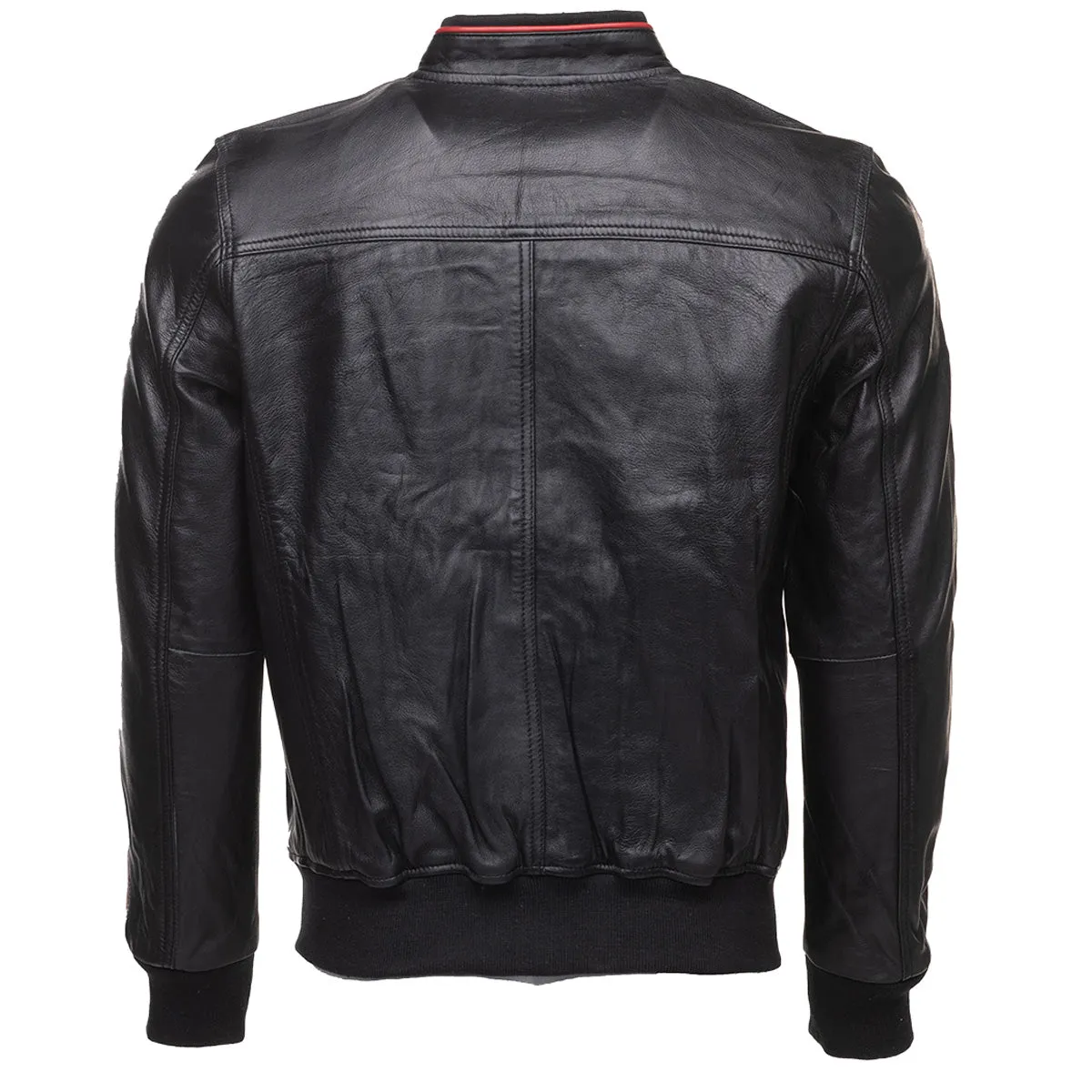 William black bomber leather jacket with red piping