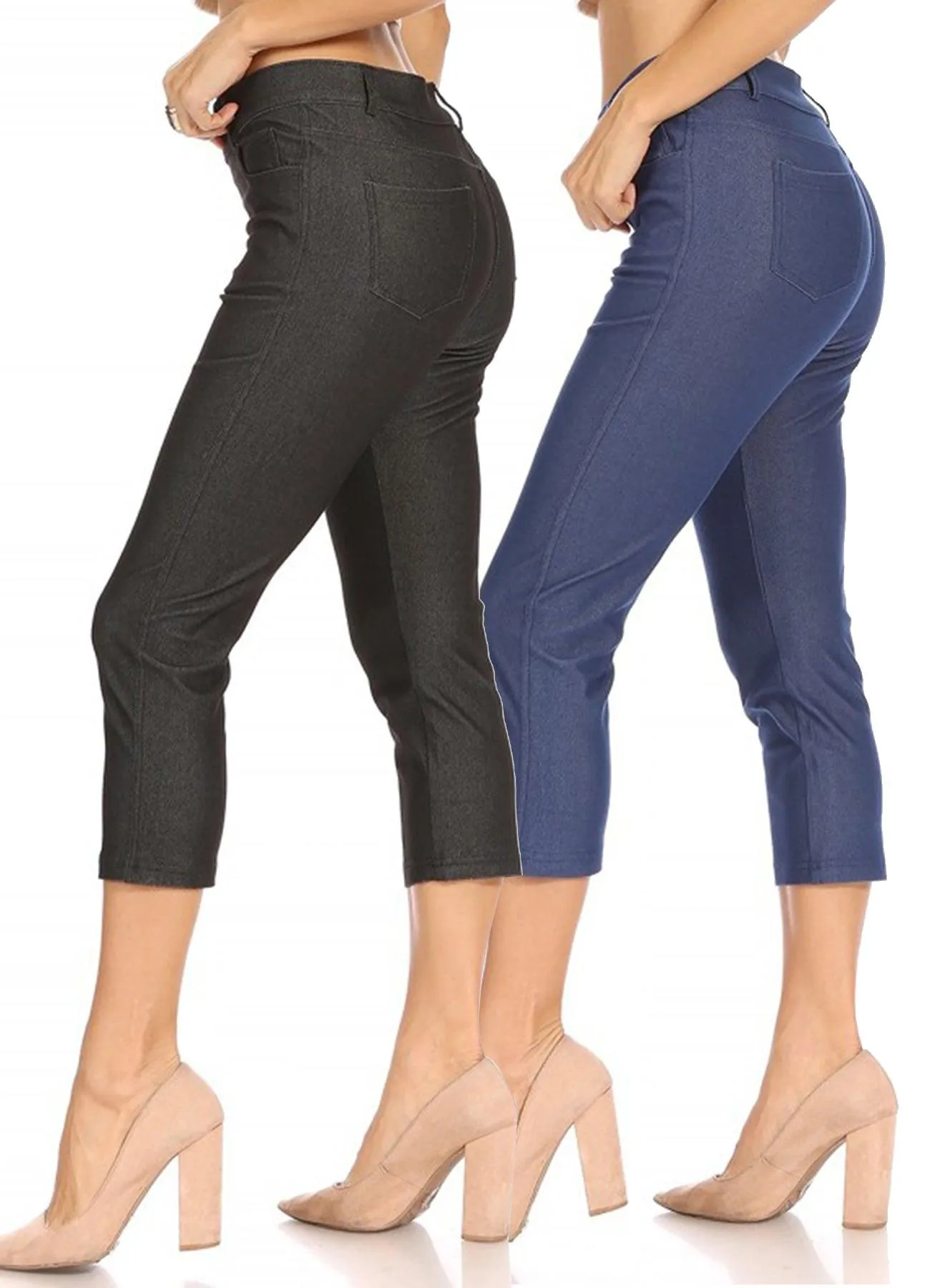 Women's 2 Pack Casual Comfy Slim Pocket Jeggings Jeans Capri Pants