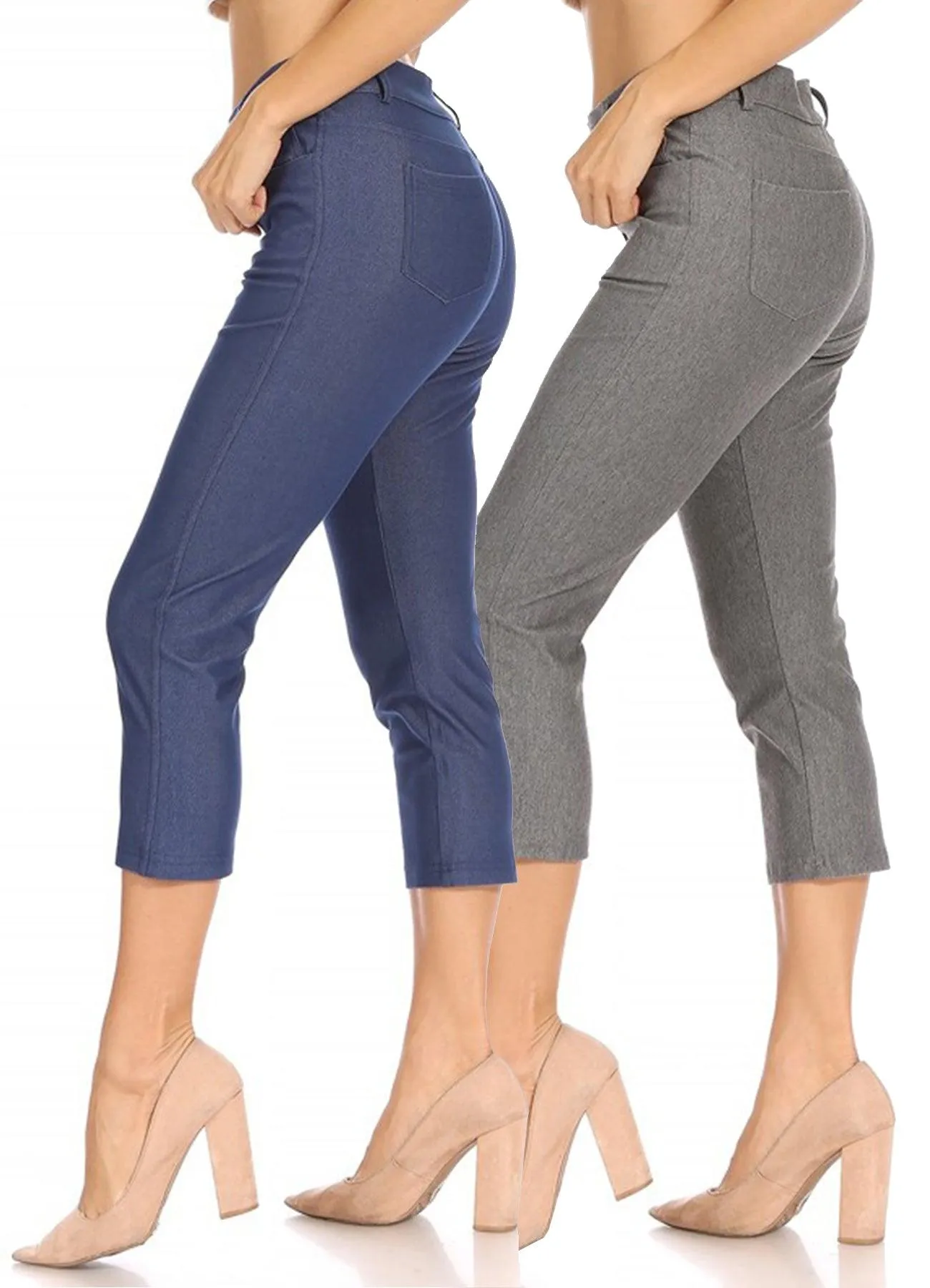 Women's 2 Pack Casual Comfy Slim Pocket Jeggings Jeans Capri Pants