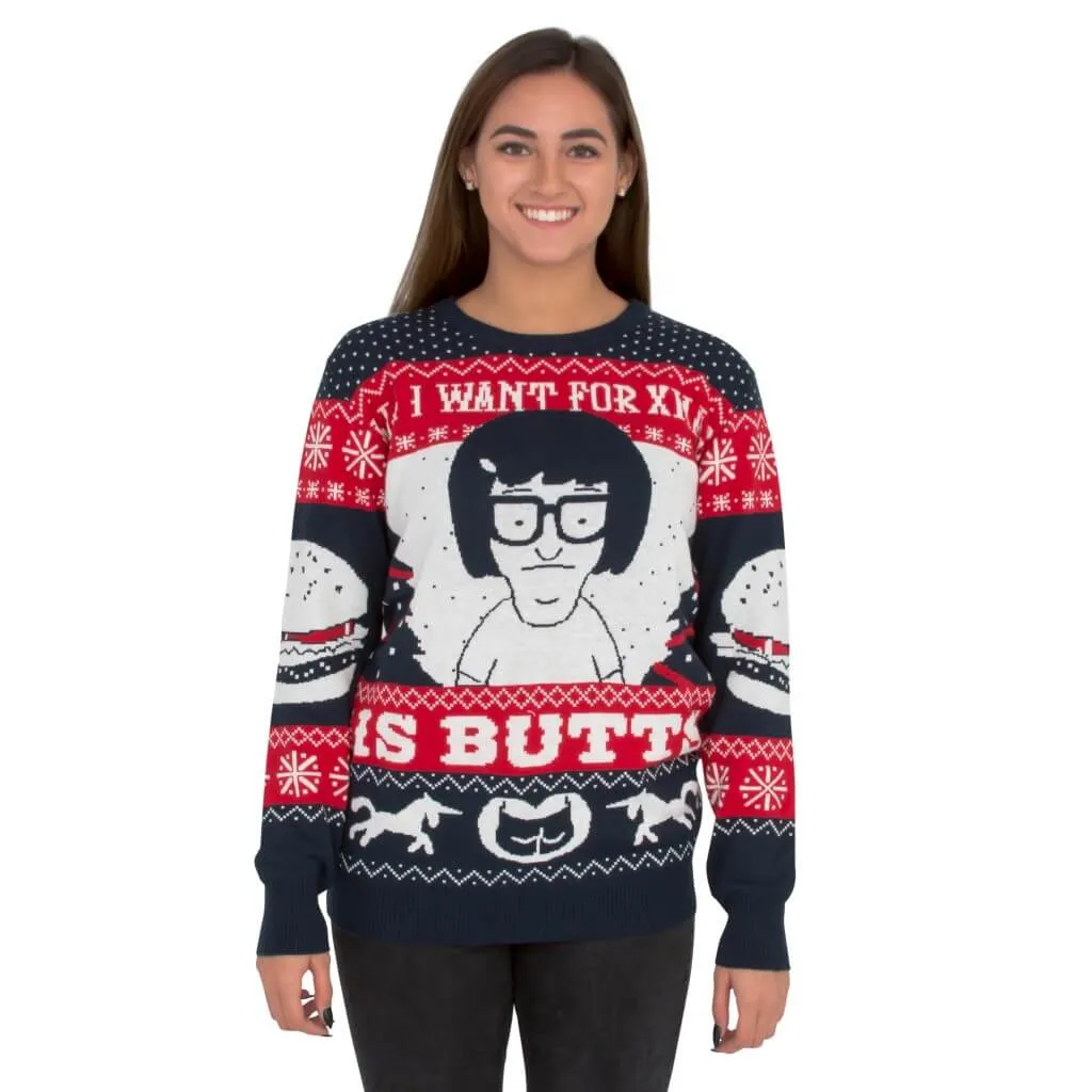 Women's All I Want for Xmas is Butts - Tina from Bob's Burgers Ugly Christmas Sweater