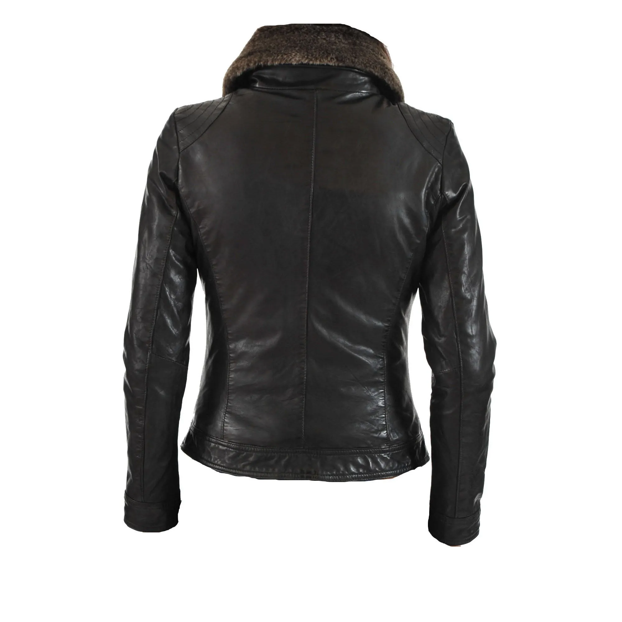 Womens Black Leather Jacket With Brown Fur Collar