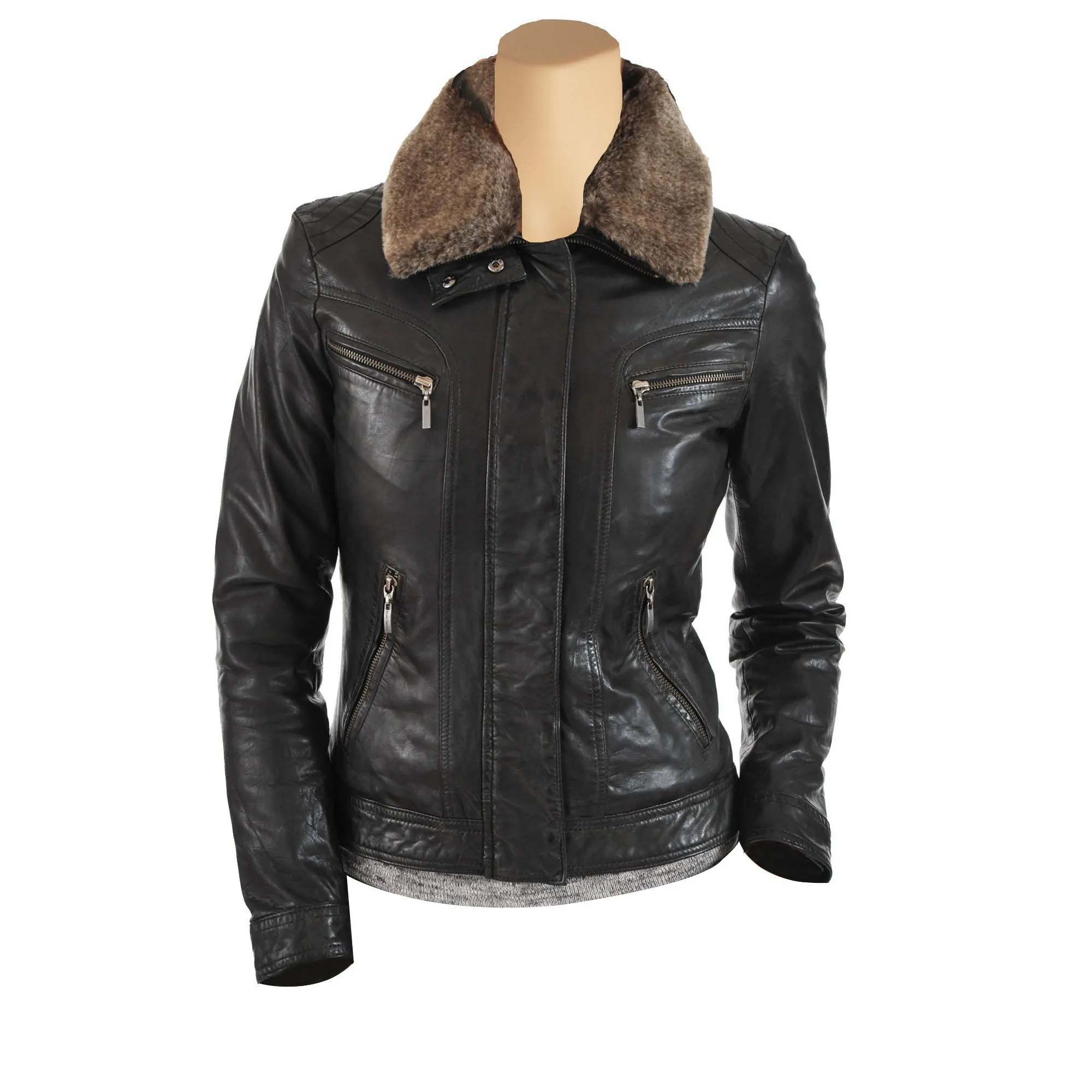 Womens Black Leather Jacket With Brown Fur Collar