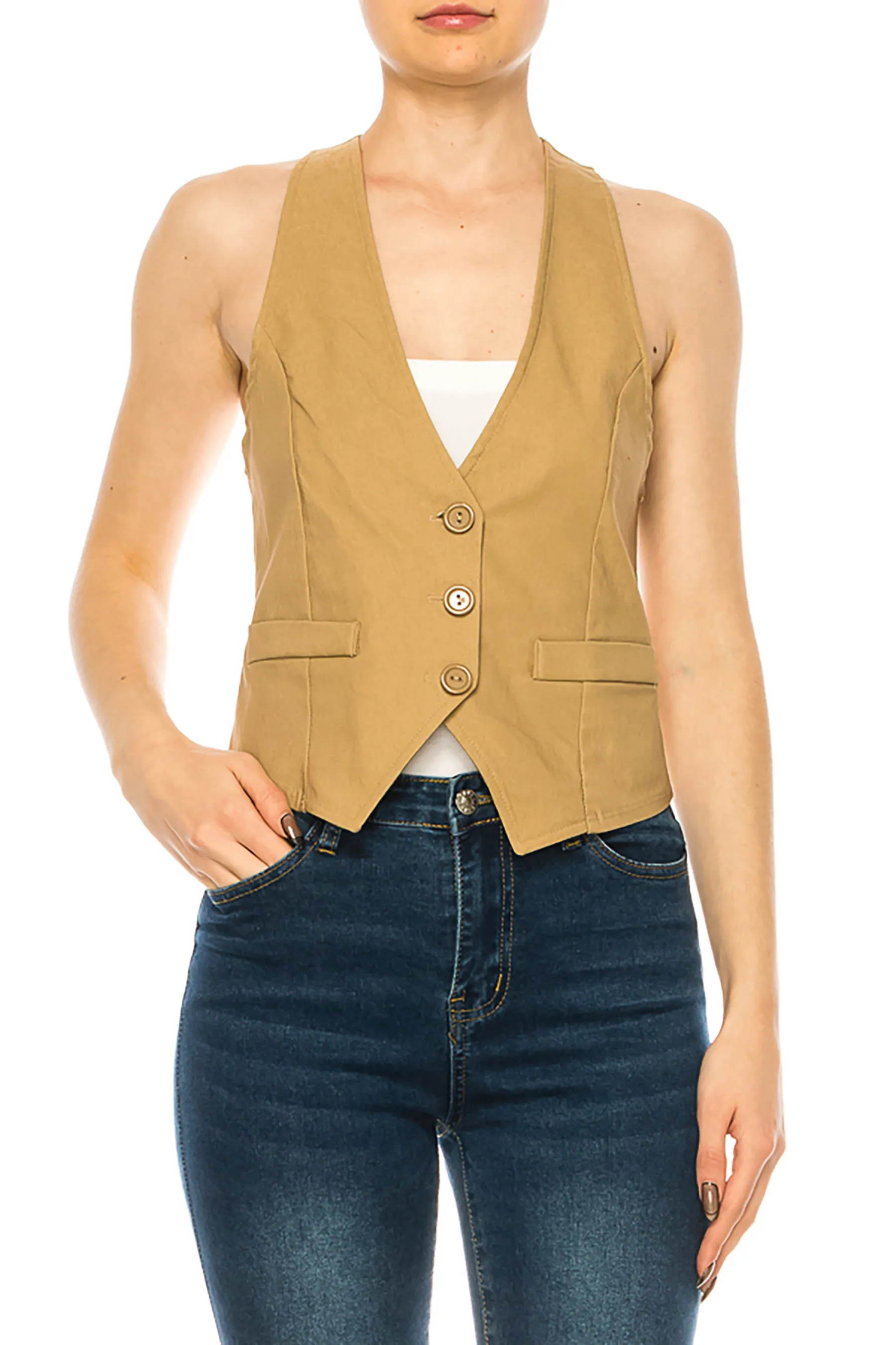 Women's Casual Solid Racerback Vest Button Down Closure