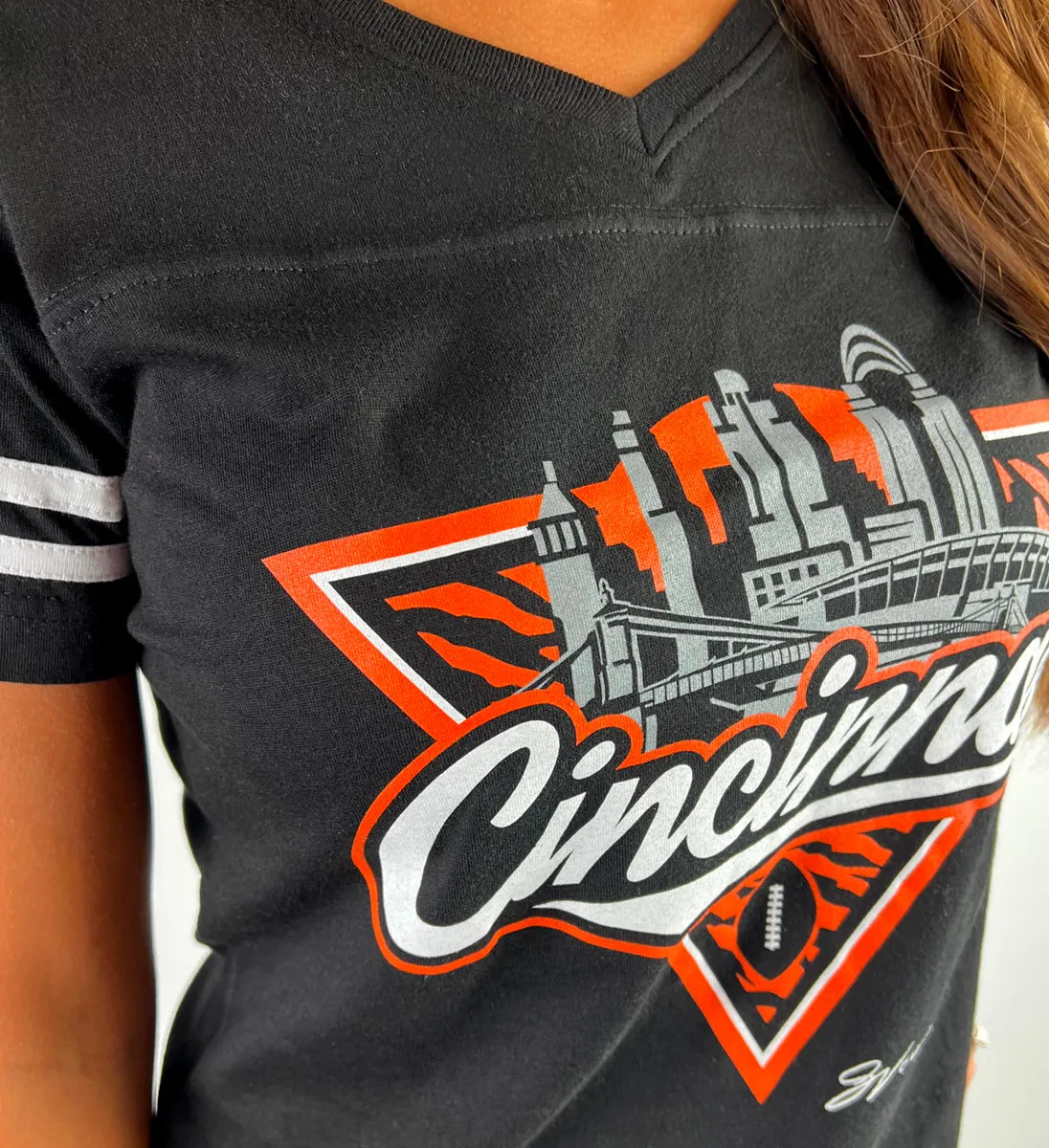 Women's Cincinnati Football Stripe V Neck