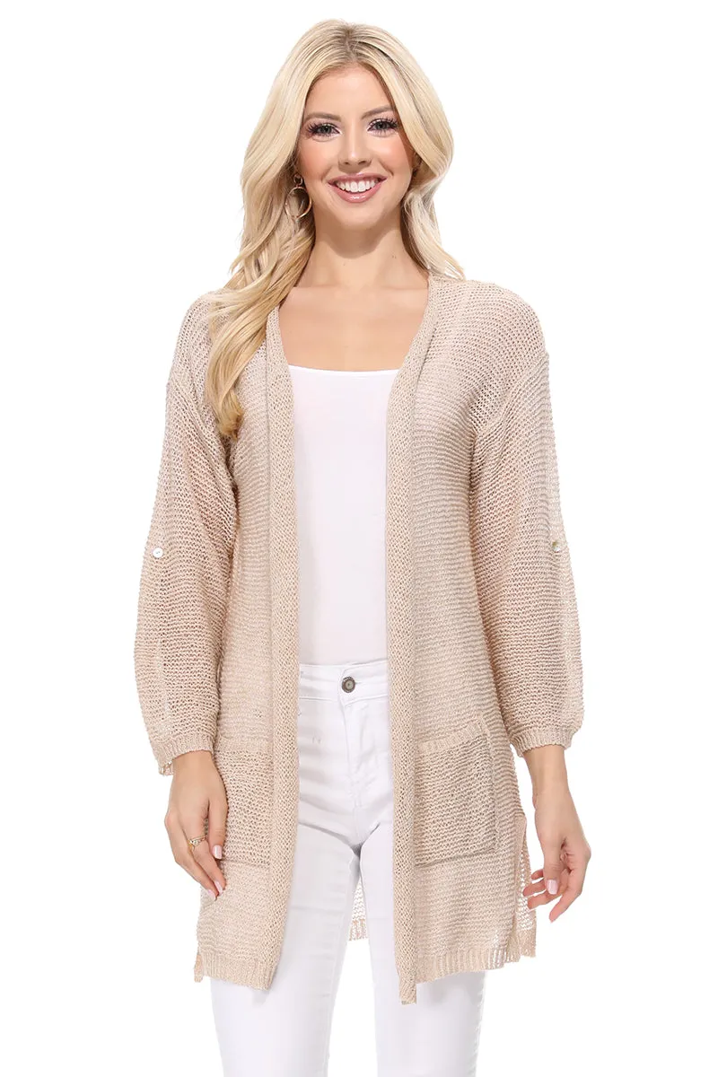 Yemak Women's Long Sleeve Knitted Open-Front Summer Sweater Cardigan with Pockets HK8072 (S/M - M/L)