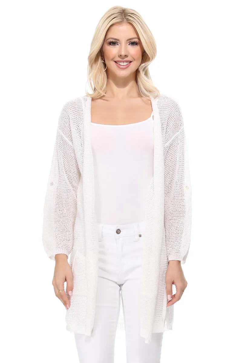 Yemak Women's Long Sleeve Knitted Open-Front Summer Sweater Cardigan with Pockets HK8072 (S/M - M/L)