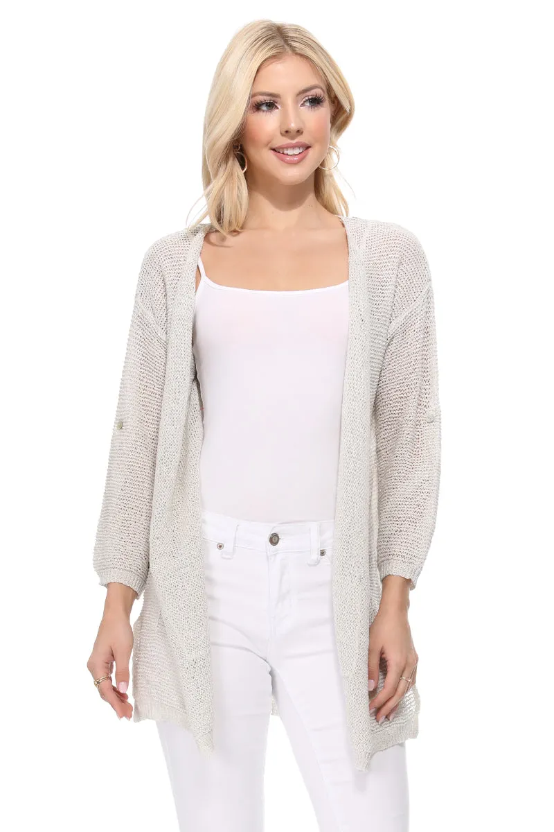 Yemak Women's Long Sleeve Knitted Open-Front Summer Sweater Cardigan with Pockets HK8072 (S/M - M/L)