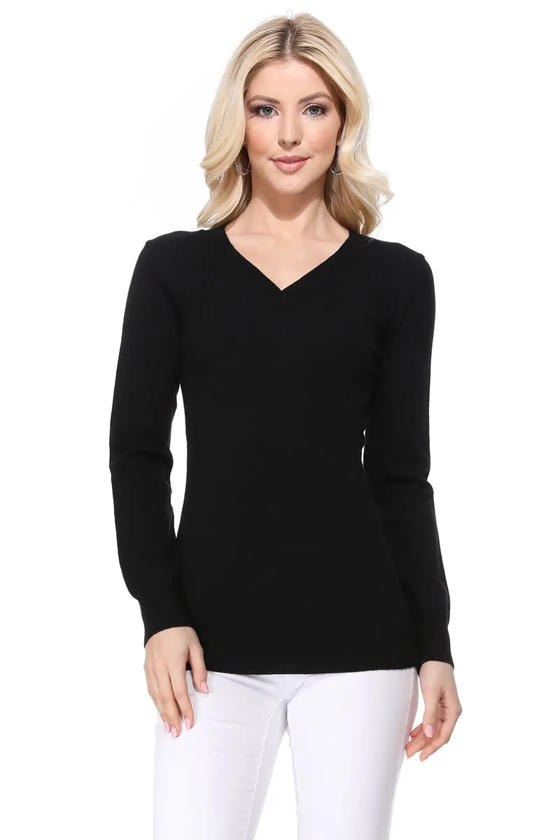 YEMAK Women's Long Sleeve V-Neck Basic Soft Knit T-Shirt Pullover Sweater MK5501 (S-XL)